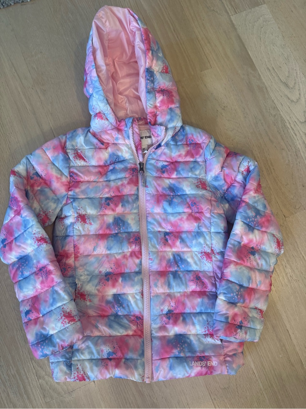 Girls Lands' End Girls Multicolor Pink & Blue Hooded Puffer Jacket M